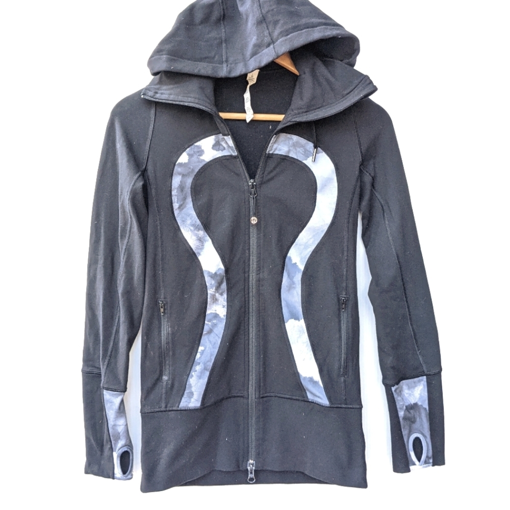 LULULEMON Scuba zip-up hoodie jacket Black with gray tie dye size 2 - Picture 1 of 10
